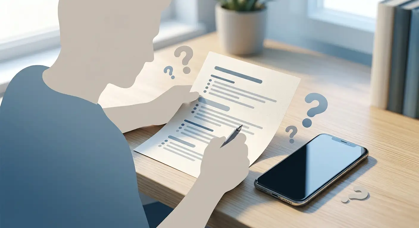 Illustration of a UK player reading an ICE36 casino FAQ checklist