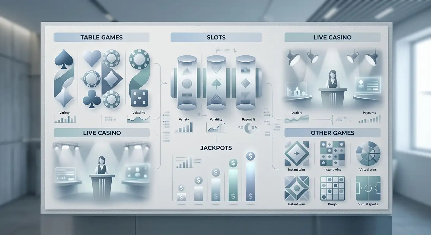 Conceptual illustration of casino game categories arranged as a calm casino review board