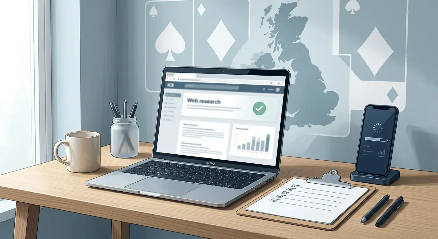 Editorial illustration of a UK online casino review desk with cards, phone and checklist