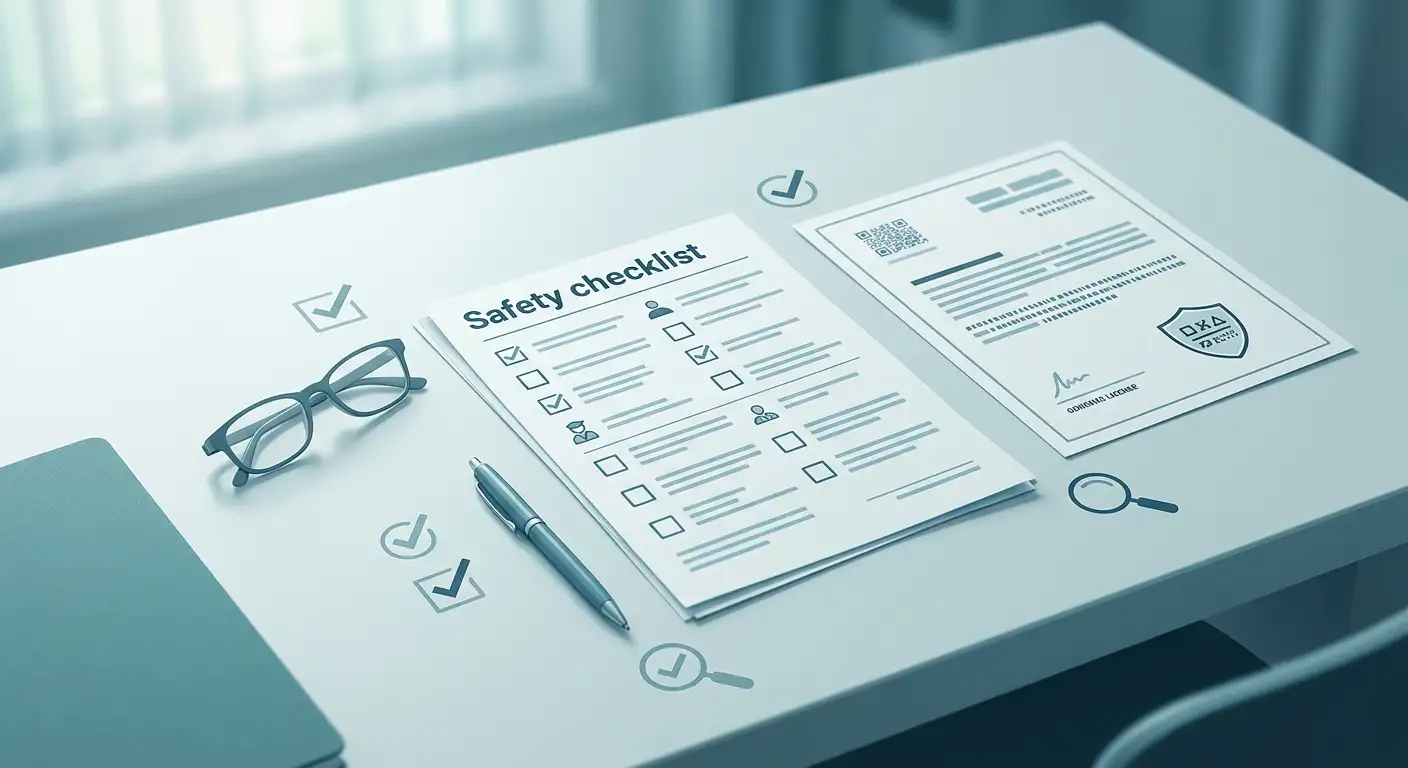 Illustration of a UK casino safety checklist and licence checklist desk